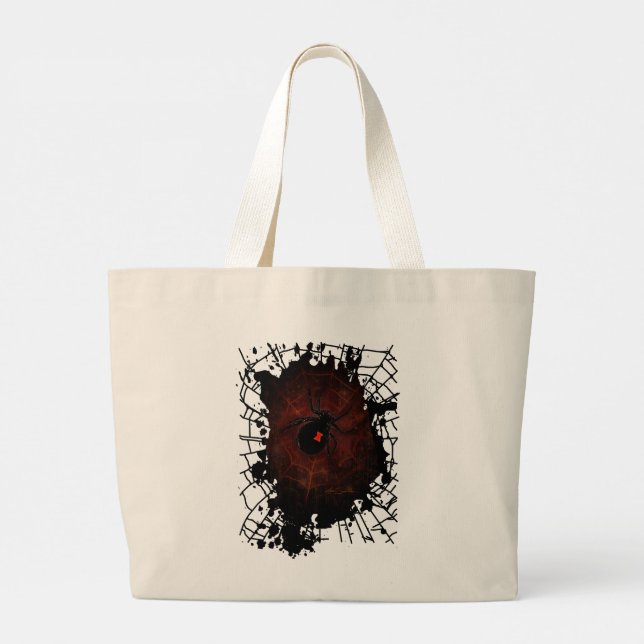 Black Widow Spider Paint Splatter Web Gothic Bold  Large Tote Bag (Back)