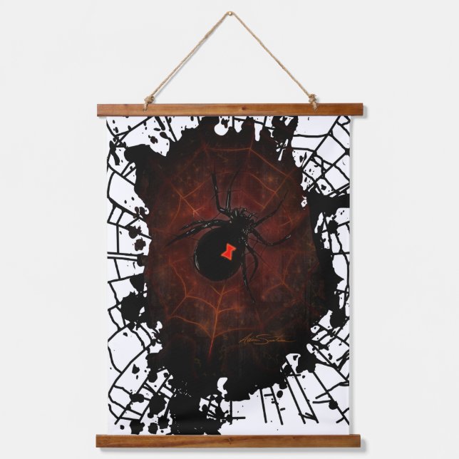 Black Widow Spider Paint Splatter Web Gothic Wall  Hanging Tapestry (Front)