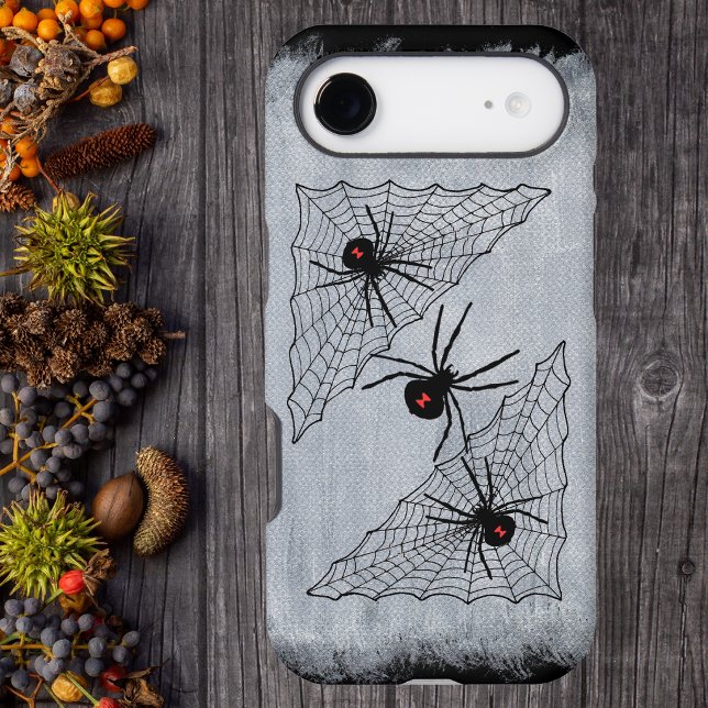 Black Widow Spider Web Halloween Gothic (Black Widown spiders red markings in spider webs on faux white texture phone case.)