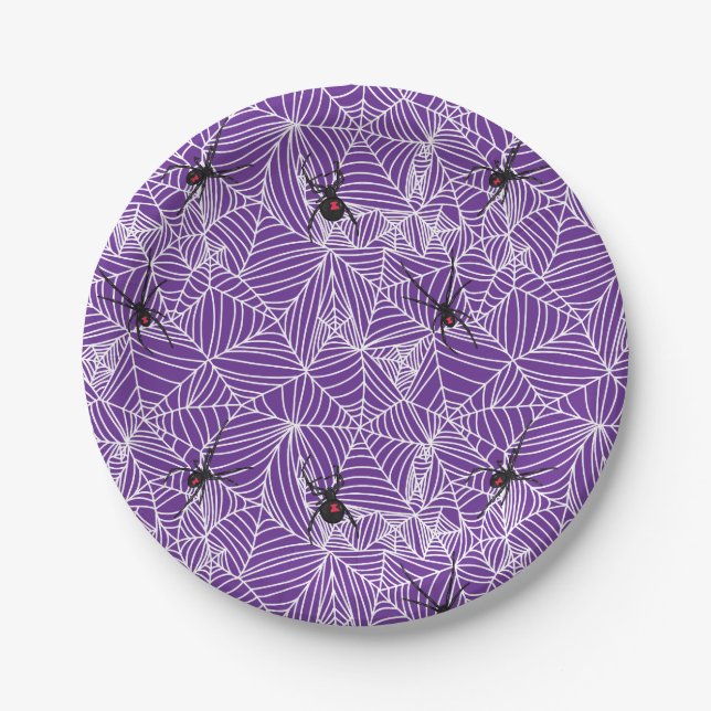 Black Widow Spider Web Purple Paper Plate (Front)