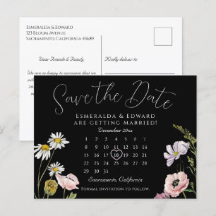 Black Wild Flower Wedding Calendar Save The Date Announcement Postcard