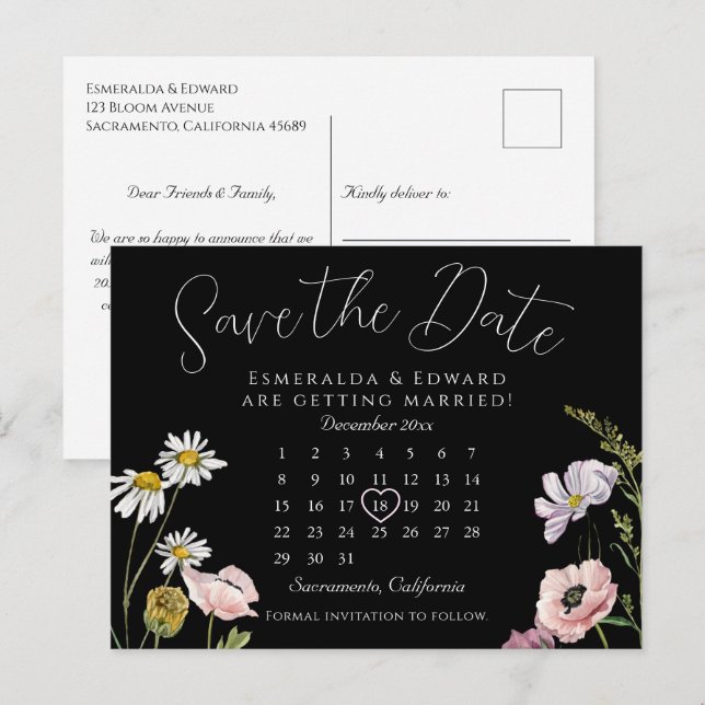 Black Wild Flower Wedding Calendar Save The Date Announcement Postcard (Front/Back)