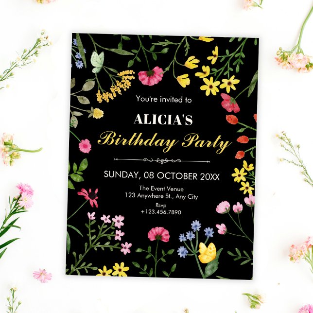 Black Wild flowers birthday Invitation (Creator Uploaded)