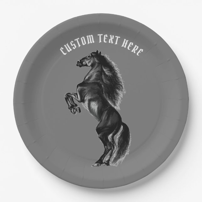 Black Wild Horse Paper Plates Custom Text Name (Front)