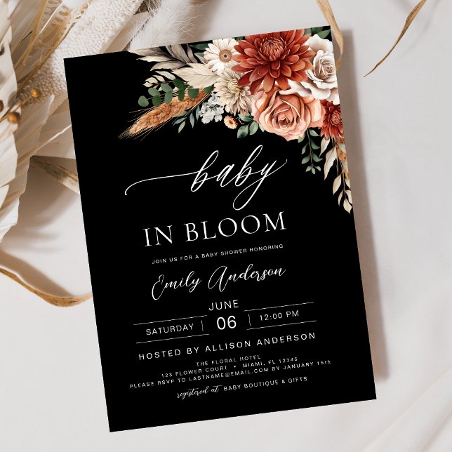 Black Wildflower Baby in Bloom Autumn Baby Shower Invitation (Creator Uploaded)