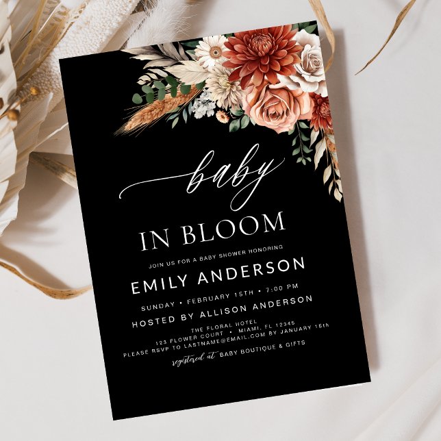 Black Wildflower Baby in Bloom Autumn Baby Shower Invitation (Creator Uploaded)