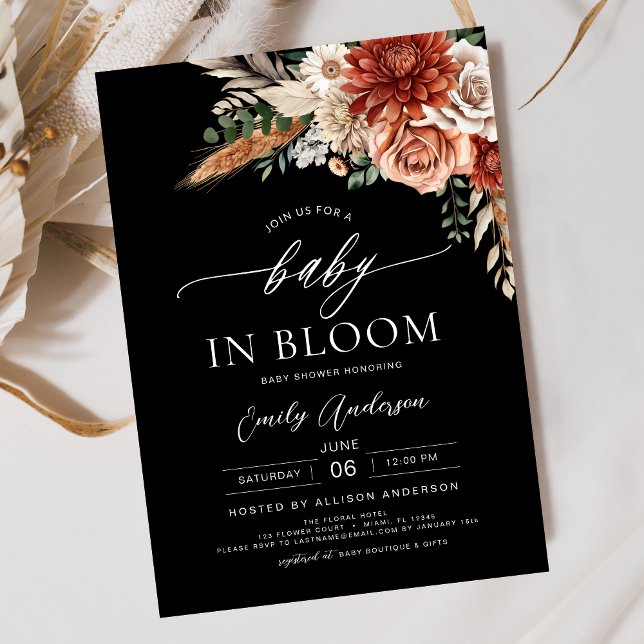 Black Wildflower Baby in Bloom Autumn Baby Shower Invitation (Creator Uploaded)