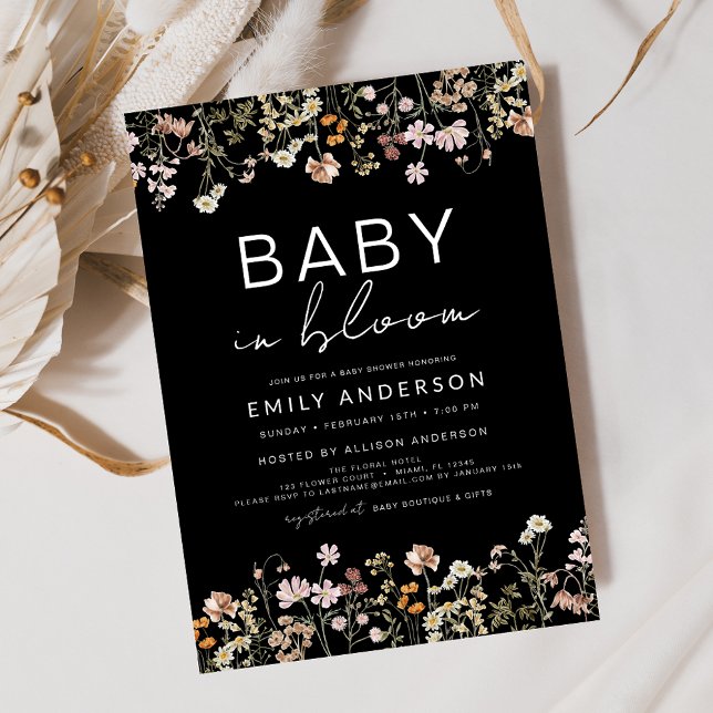 Black Wildflower Baby in Bloom Baby Shower Invitation (Creator Uploaded)