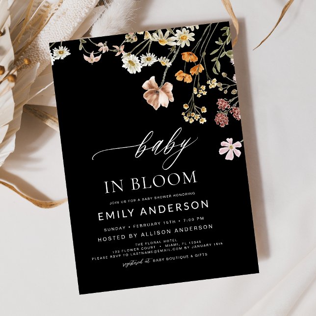Black Wildflower Baby in Bloom Baby Shower Invitation (Creator Uploaded)
