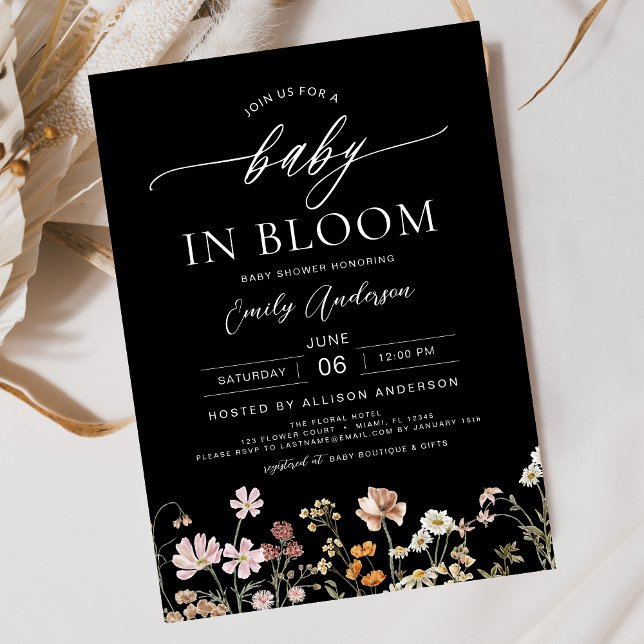 Black Wildflower Baby in Bloom Baby Shower Invitation (Creator Uploaded)