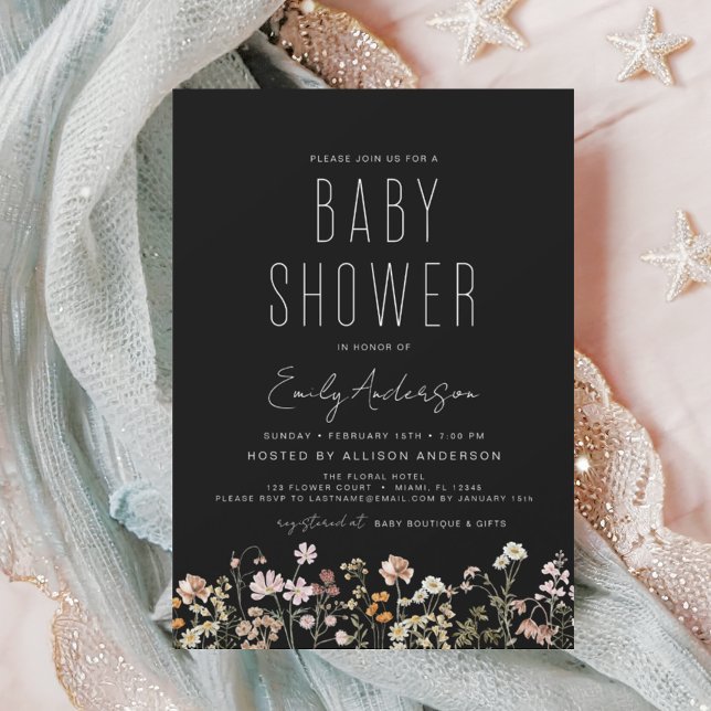 Black Wildflower Boho Baby Shower Elegant Modern Invitation (Creator Uploaded)