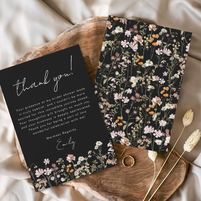 Black Wildflower Boho Bridal Shower Thank You Card (Creator Uploaded)