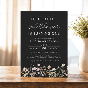 Black Wildflower Boho Chic First Birthday Invitation