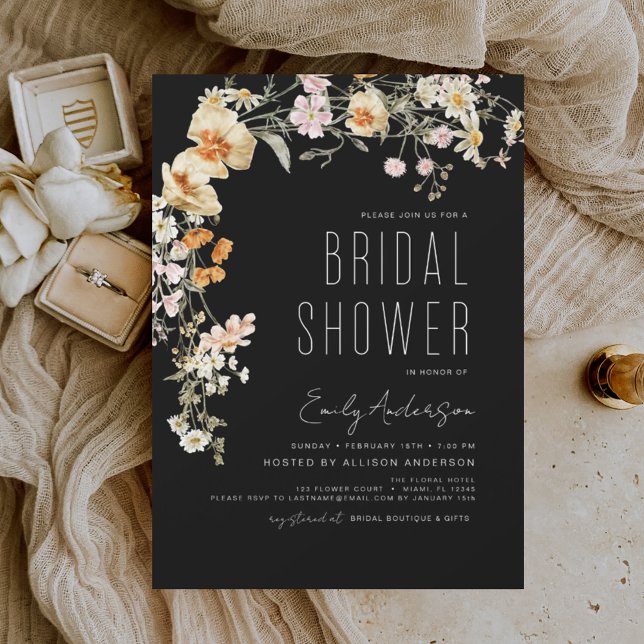 Black Wildflower Bridal Shower Boho Elegant Invitation (Creator Uploaded)