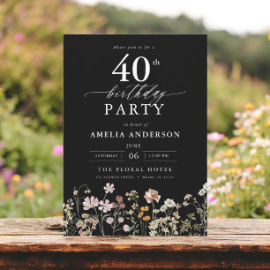 Black Wildflower Floral Calligraphy 40th Birthday Invitation