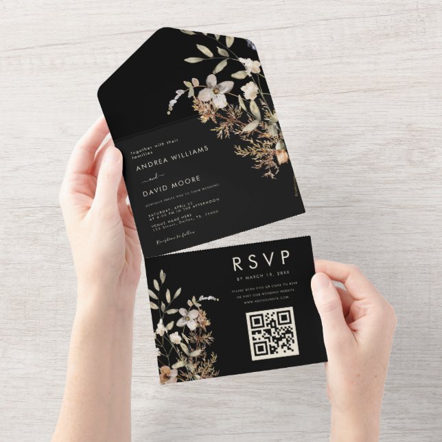 Black Wildflower Garden Fall Botanical Wedding All In One Invitation (Tearaway)
