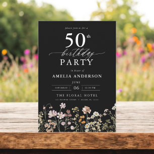 Black Wildflower Garden Floral 50th Birthday Invitation