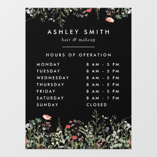 Black Wildflower Meadow Business Hours Window Cling