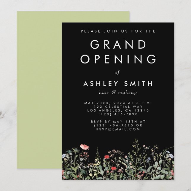 Black Wildflower Meadow Grand Opening Invitation (Front/Back)
