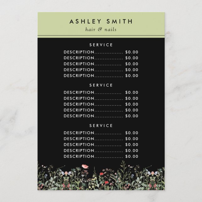 Black Wildflower Meadow Price Menu (Front)