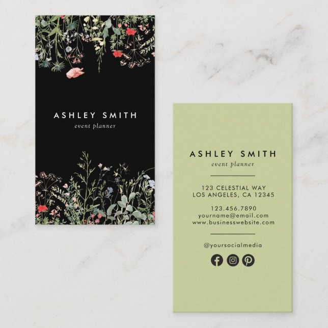 Black Wildflower Meadow Social Media Business Card (Front/Back)