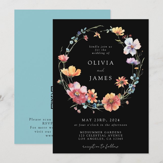 Black Wildflower QR Code Wedding Invitation (Front/Back)