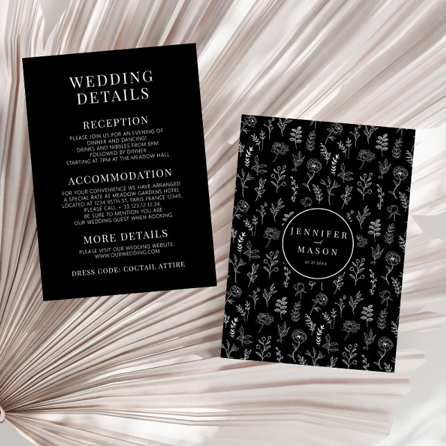 Black wildflower simple rustic wedding details enclosure card (Creator Uploaded)