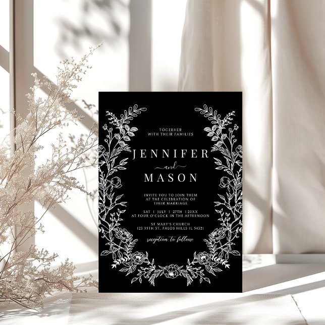 Black wildflower wreath rustic floral wedding invitation (Creator Uploaded)