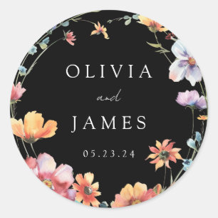 Black Wildflower Wreath Summer Wedding Classic Round Sticker