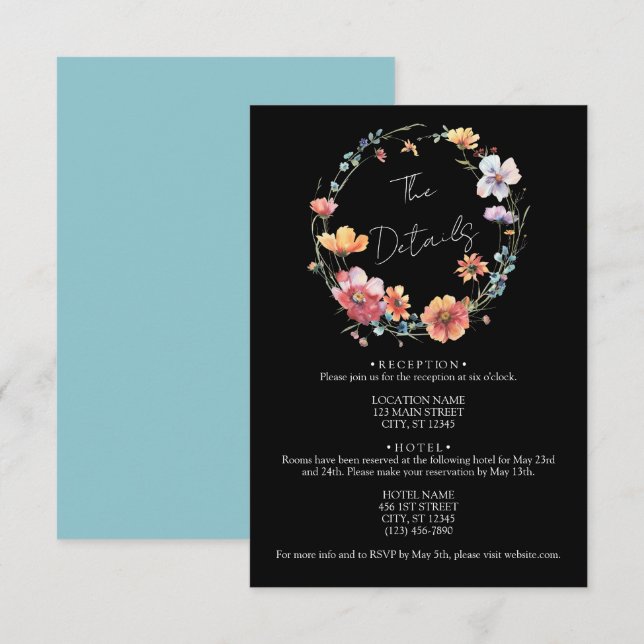 Black Wildflower Wreath Summer Wedding Details Enclosure Card (Front/Back)