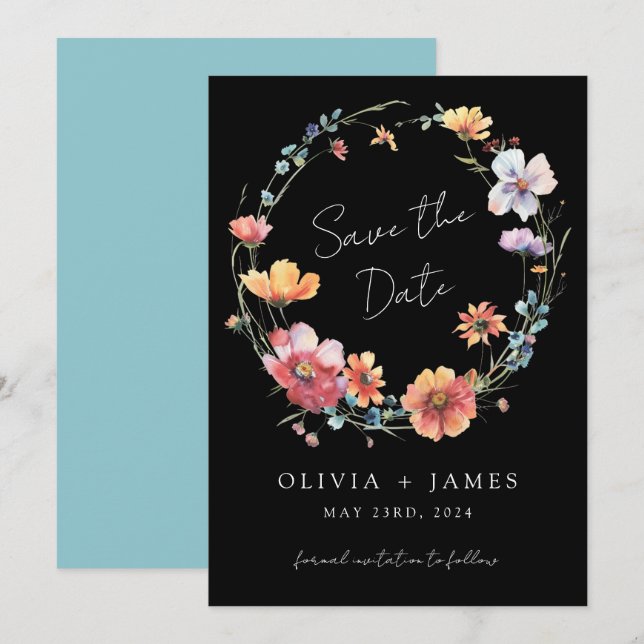 Black Wildflower Wreath Summer Wedding Save The Date (Front/Back)