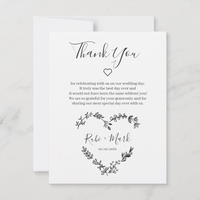 Black Wildflowers Heart for Wedding Thank You Card (Front)
