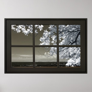 Black WIndow Frame Ominous White Tree Blossom View Poster