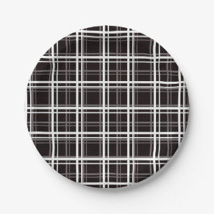 Black Windowpane Plaid Grid Stripes Pattern Design Paper Plate