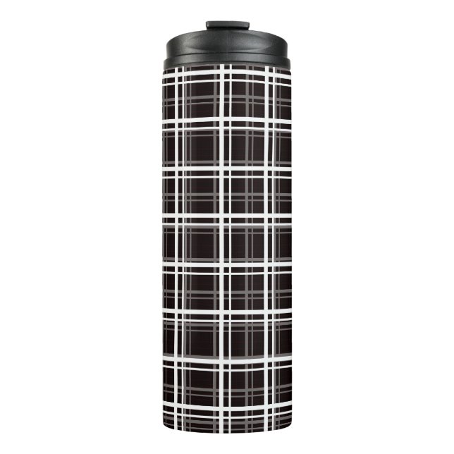 Black Windowpane Plaid Grid Stripes Pattern Design Thermal Tumbler (Front)