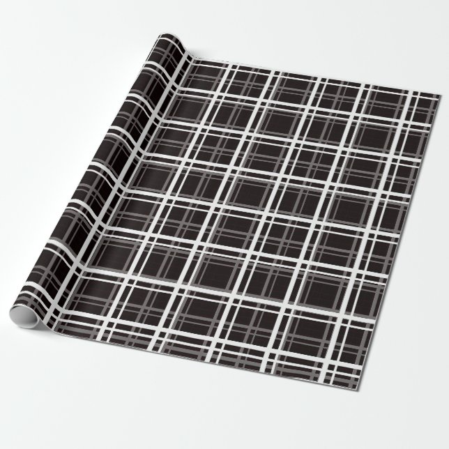 Black Windowpane Plaid Grid Stripes Pattern Design Wrapping Paper (Unrolled)