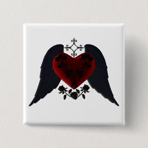 Black Winged Goth Heart Button