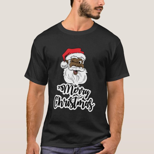 Black Winking Santa Merry African American Santa T-Shirt (Front)