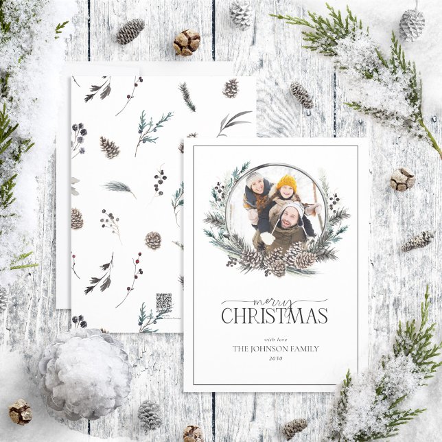 Black Winter Berry Wreath Merry Christmas Photo Ho Holiday Card (Creator Uploaded)