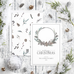 Black Winter Berry Wreath Merry Christmas Script H Holiday Card