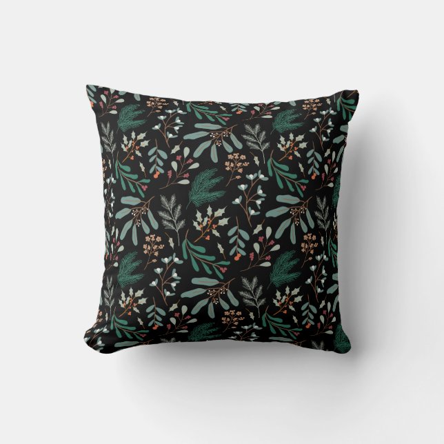 Black Winter Botanical Pattern Cushion (Front)