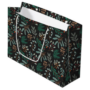 Black Winter Botanical Pattern Large Gift Bag