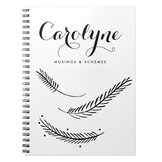Black Winter Feathers Calligraphy Personalised Notebook (Front)