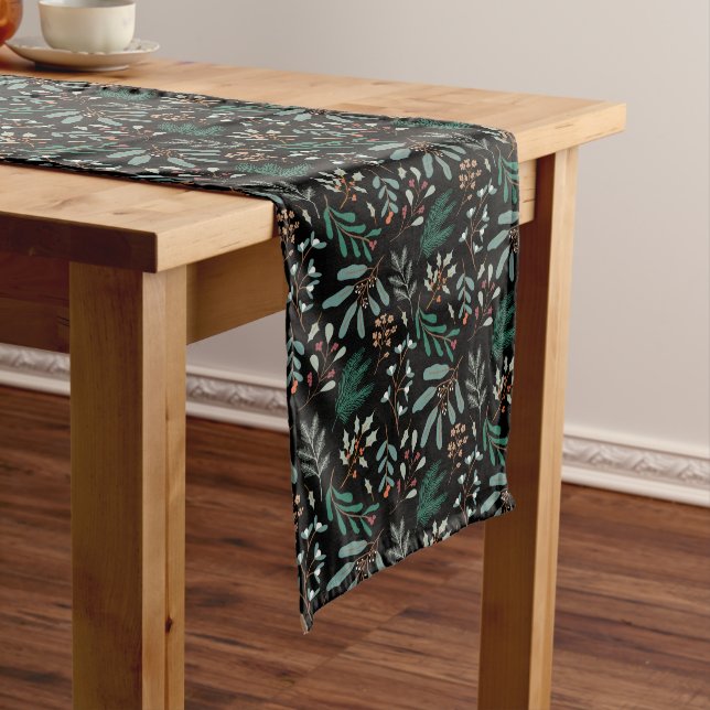 Black Winter Foliage Pattern Medium Table Runner (In Situ)