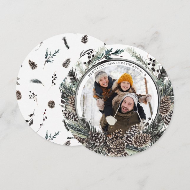 Black Winter Pine Cone Wreath Round Photo Holiday  (Front/Back)