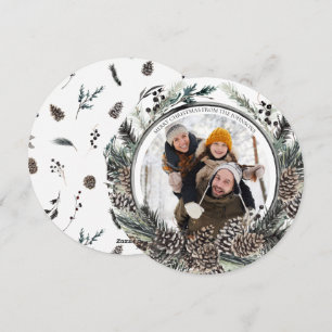 Black Winter Pine Cone Wreath Round Photo Holiday Card