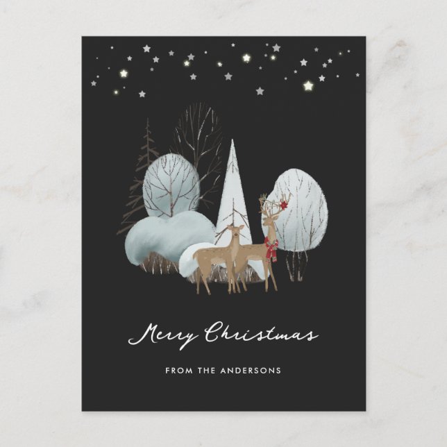 Black Winter Scene Stars Forest Deer Christmas Holiday Postcard (Front)