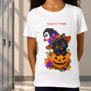 Black Witch Cat in Halloween Pumpkin Custom T-Shirt