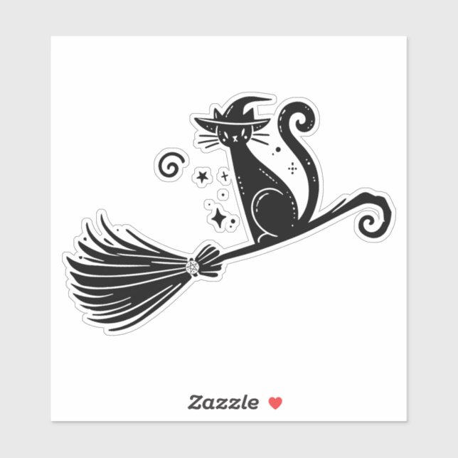 Black Witch Cat on Broomstick Halloween (Sheet)