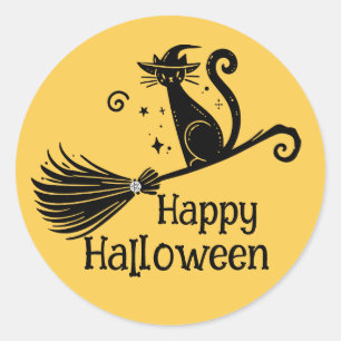 Black Witch Cat on Broomstick Halloween Classic Round Sticker